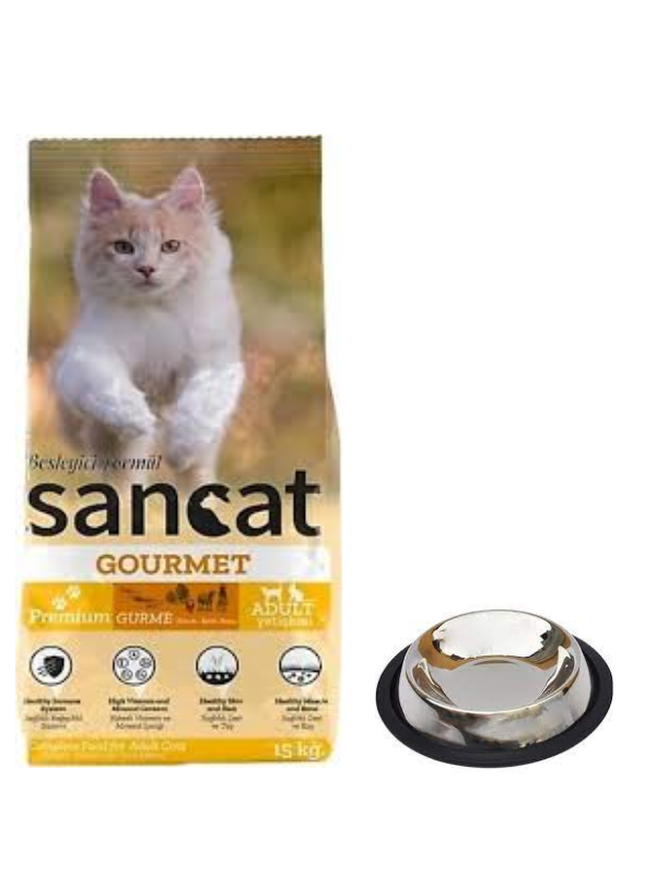 Sancat Premium Gurme Yetişkin Kedi Maması 15 Kg,Kaymaz Tabanlı Su ve Mama Kabı