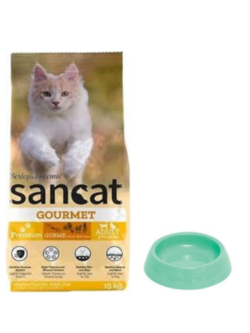 Sancat Premium Gurme Yetişkin Kedi Maması 15 Kg,Yuvarlak Su ve Mama Kabı