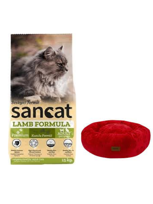 Sancat Premium Kuzulu Yetişkin Kedi Maması 15 Kg,Kırmızı Luxe Donut Yatak